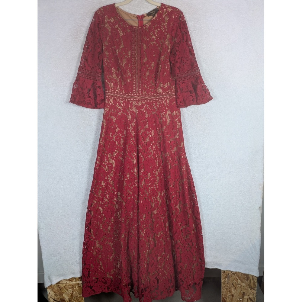 Missmay Maxi Dress Women's Medium Red Floral Lace Bell Sleeve Retro Formal Long